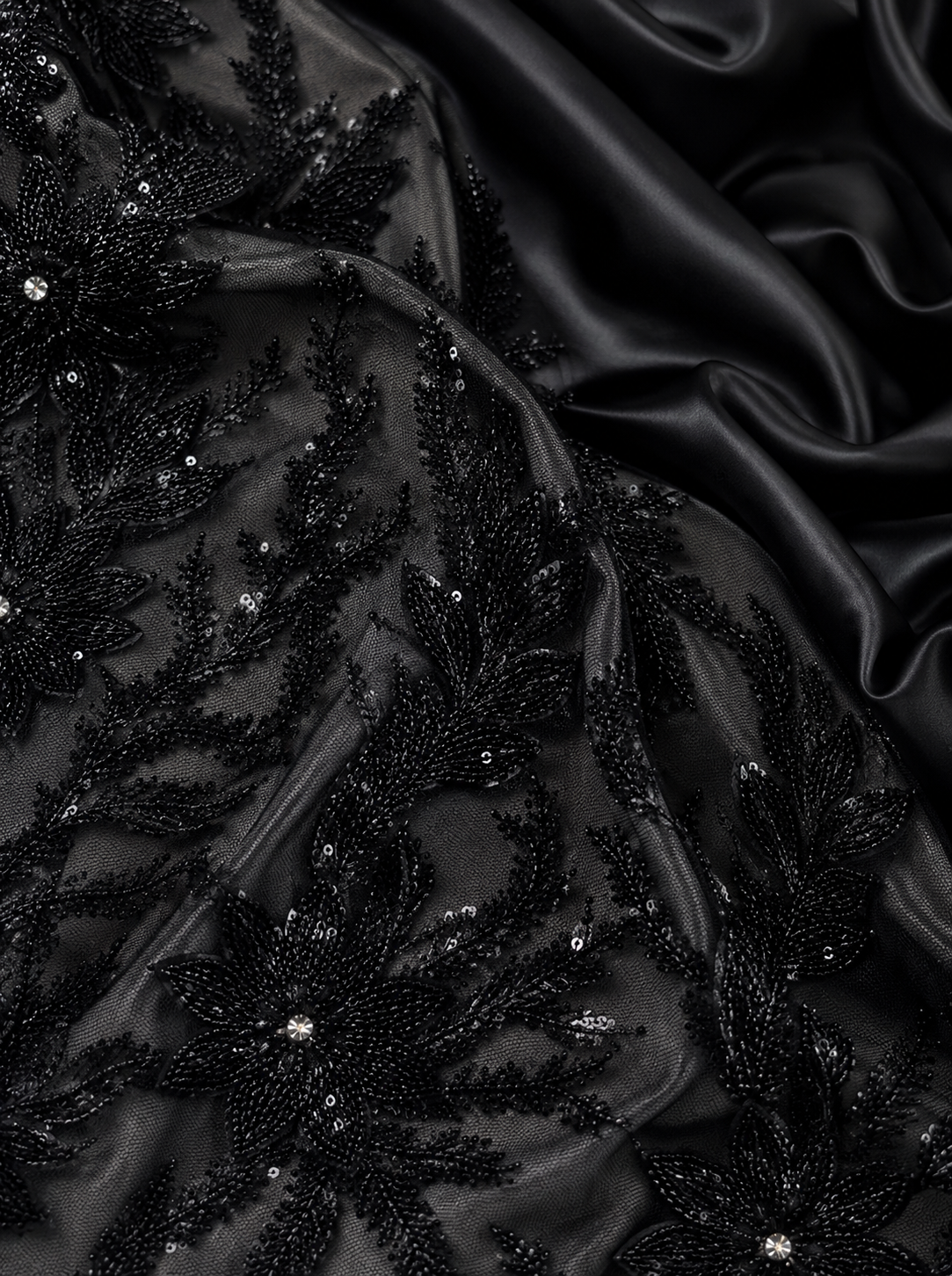 Black beaded lace unstitched material | Pre-order