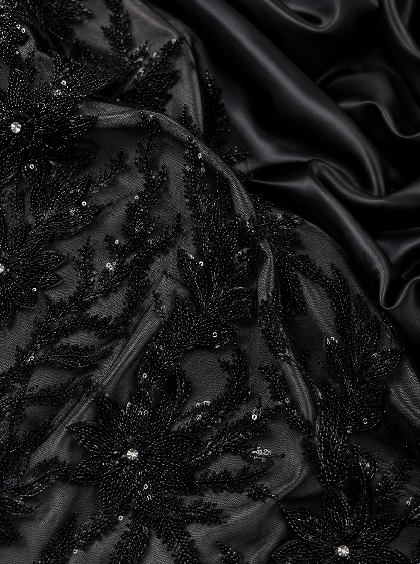Black beaded lace unstitched material | Pre-order