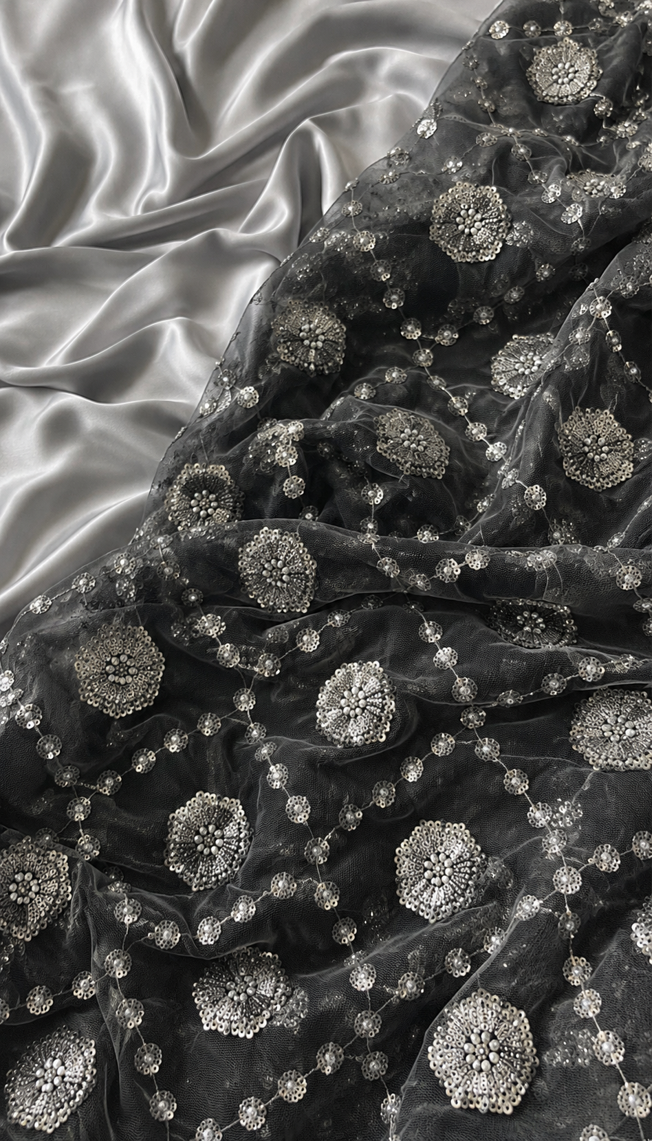 black lace with silver lining scattered unstitched material