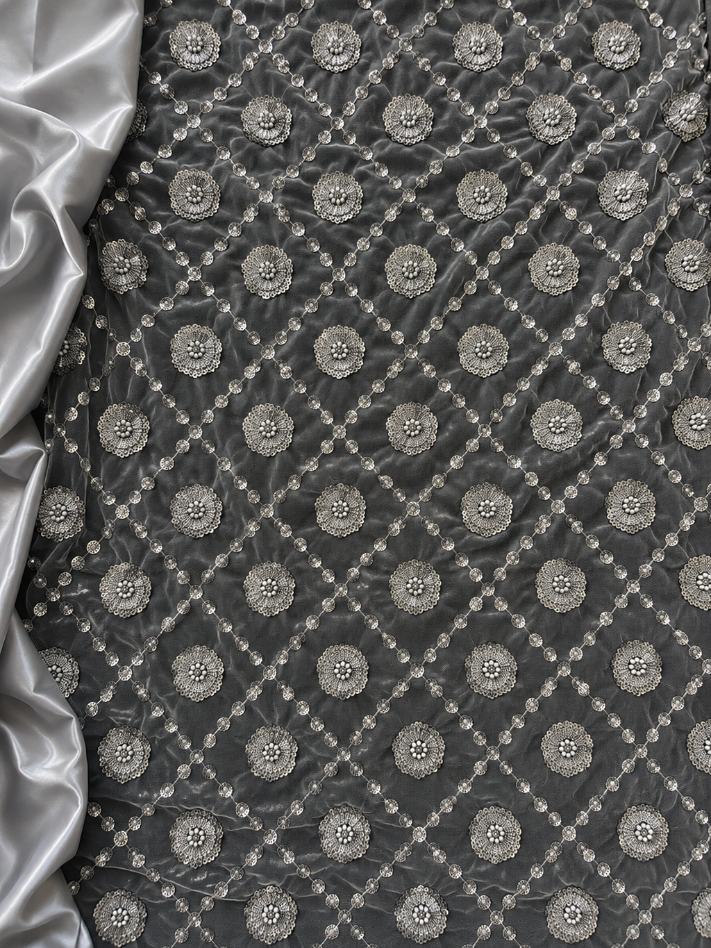 black lace with silver lining scattered unstitched material