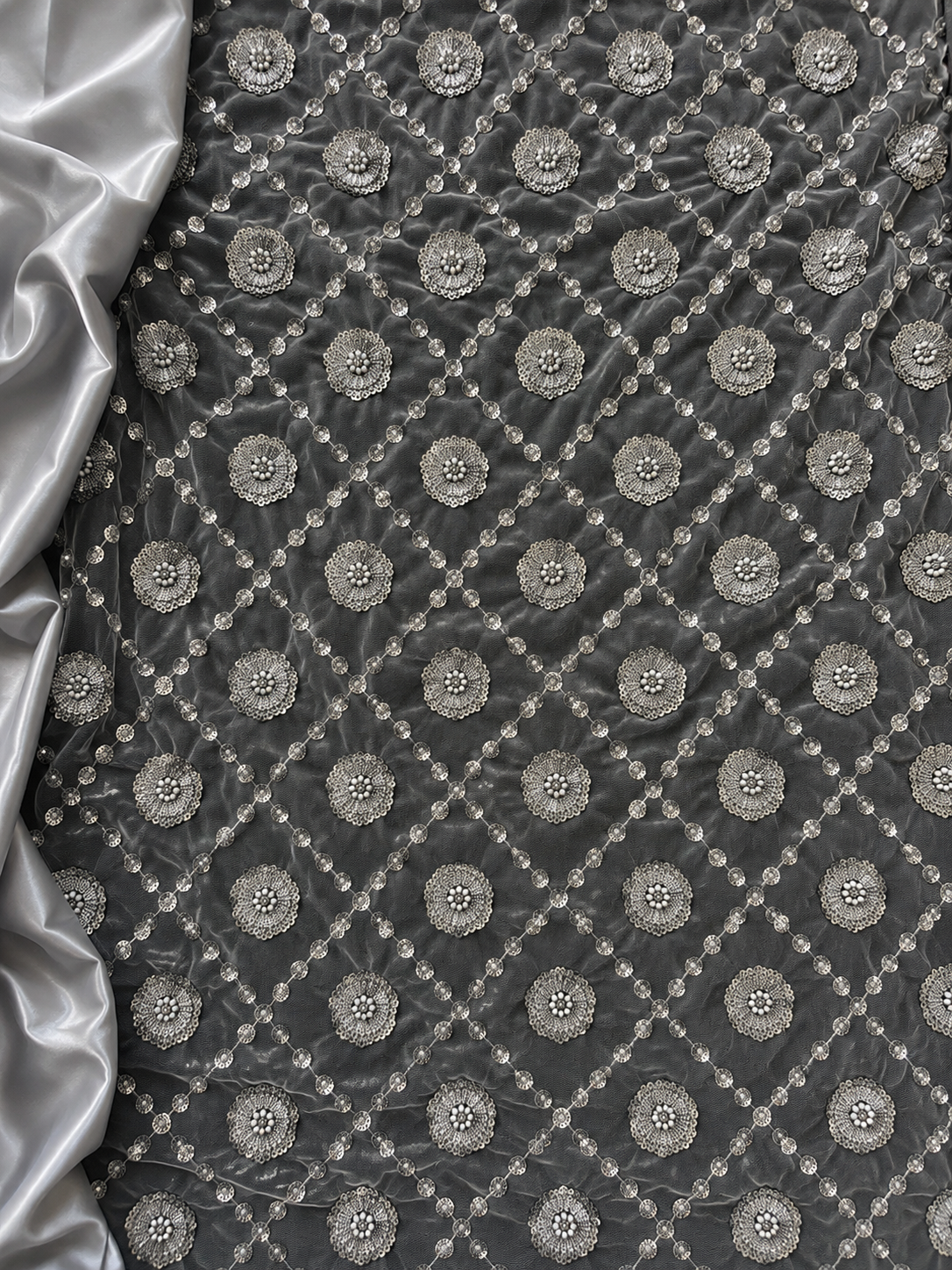black lace with silver lining scattered unstitched material