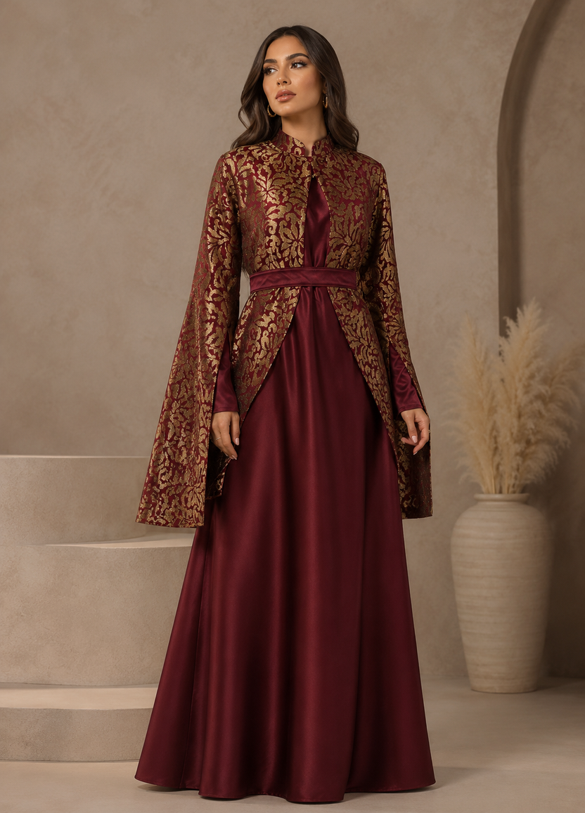 gold jacket with burgundy satin dress and statement sleeves | Pre-Order