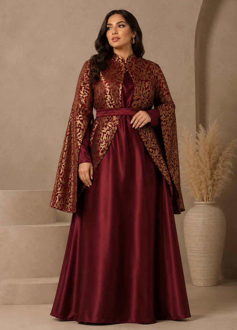 plus size gold jacket with burgundy satin dress and statement sleeves | Pre-Order