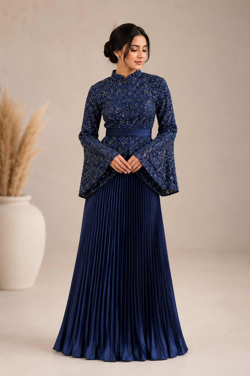 Blue lace dress with pleated skirt and bell sleeves | Pre-Order