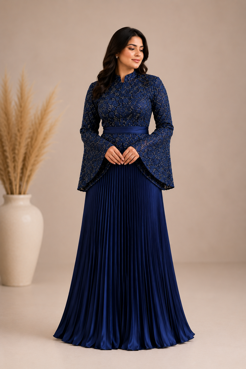 Plus size Blue lace dress with pleated skirt and bell sleeves | Pre-Order | Plus size