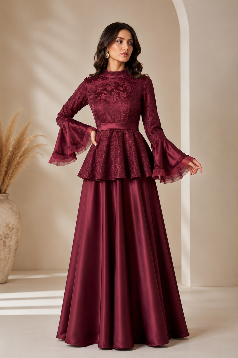 Red embroidered peplum gown with bell sleeves | Pre-order