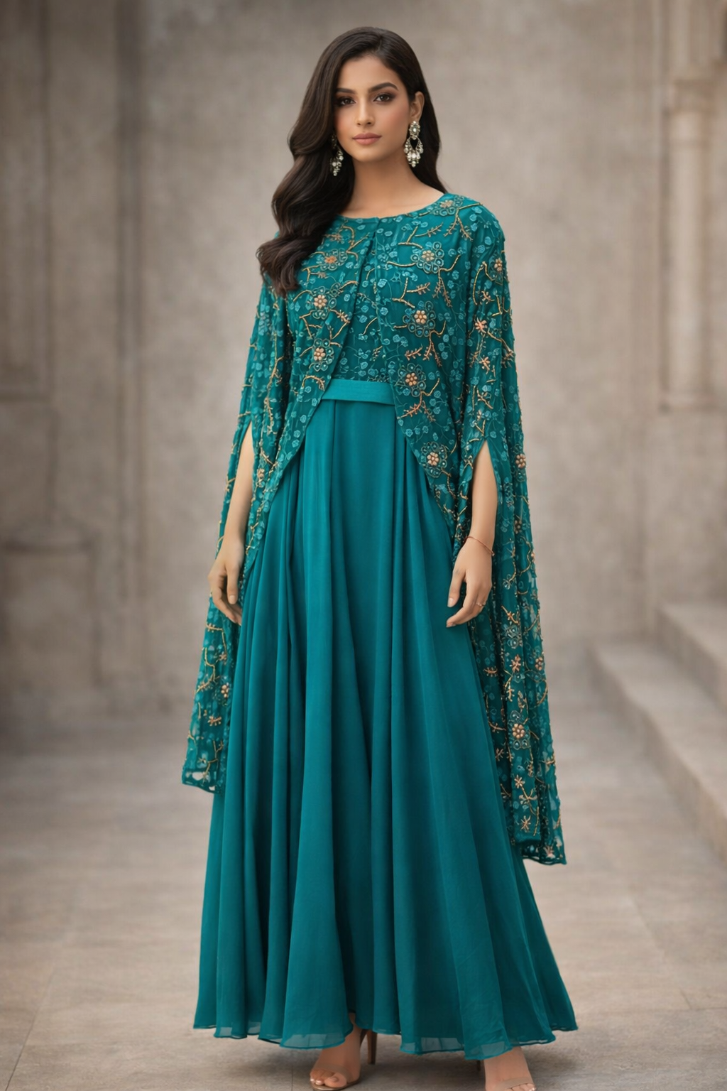 Teal lace jacket with soft dupion silk dress and statement sleeves: Dyable & Customisable | Pre-Order