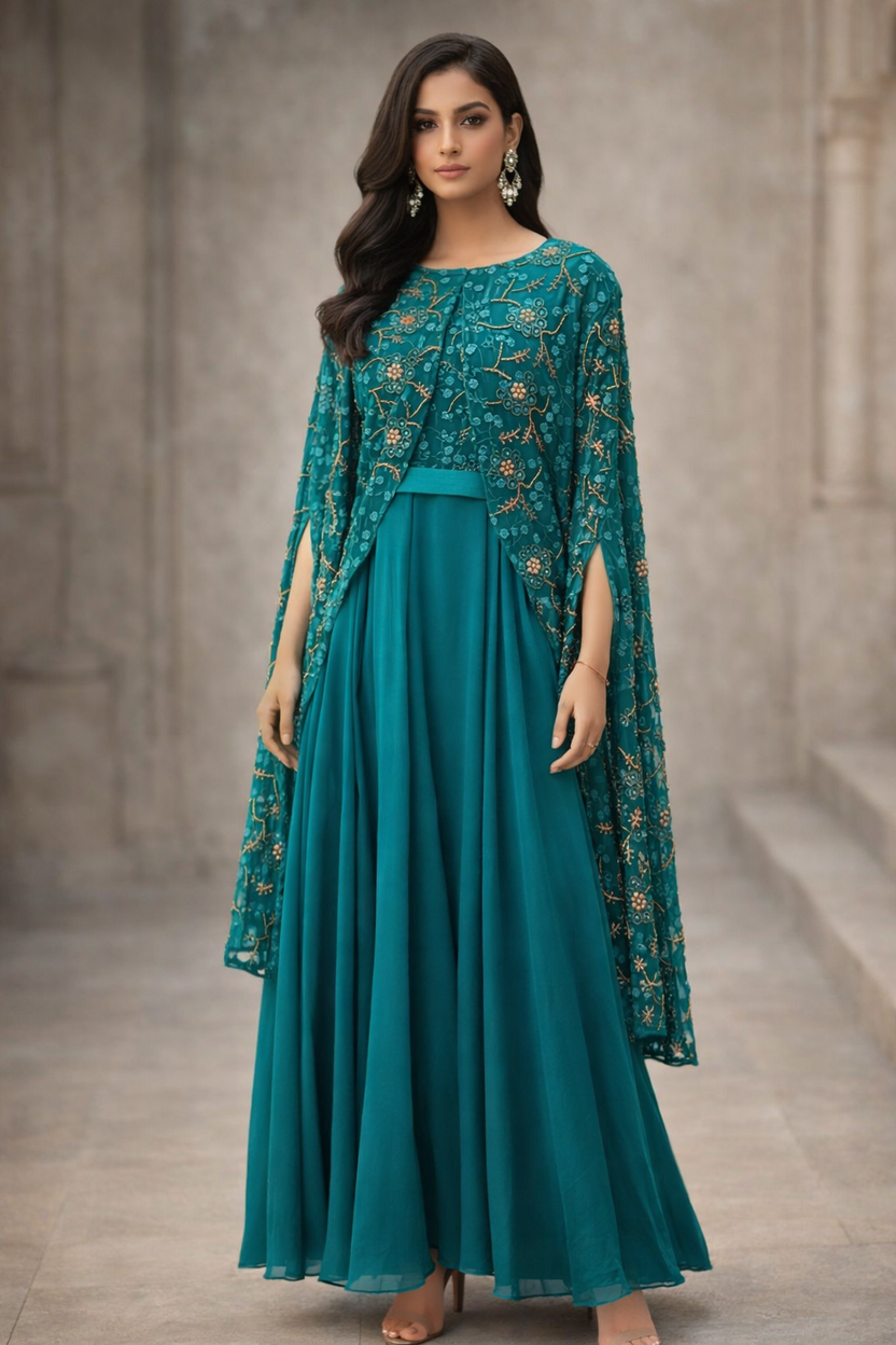 Teal lace jacket with soft dupion silk dress and statement sleeves: Dyable & Customisable | Pre-Order