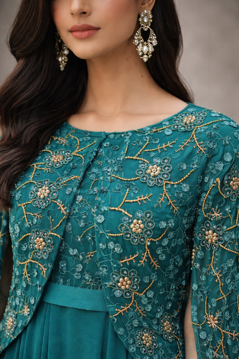 Teal lace jacket with soft dupion silk dress and statement sleeves: Dyable & Customisable | Pre-Order