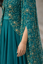 Teal lace jacket with soft dupion silk dress and statement sleeves: Dyable & Customisable | Pre-Order
