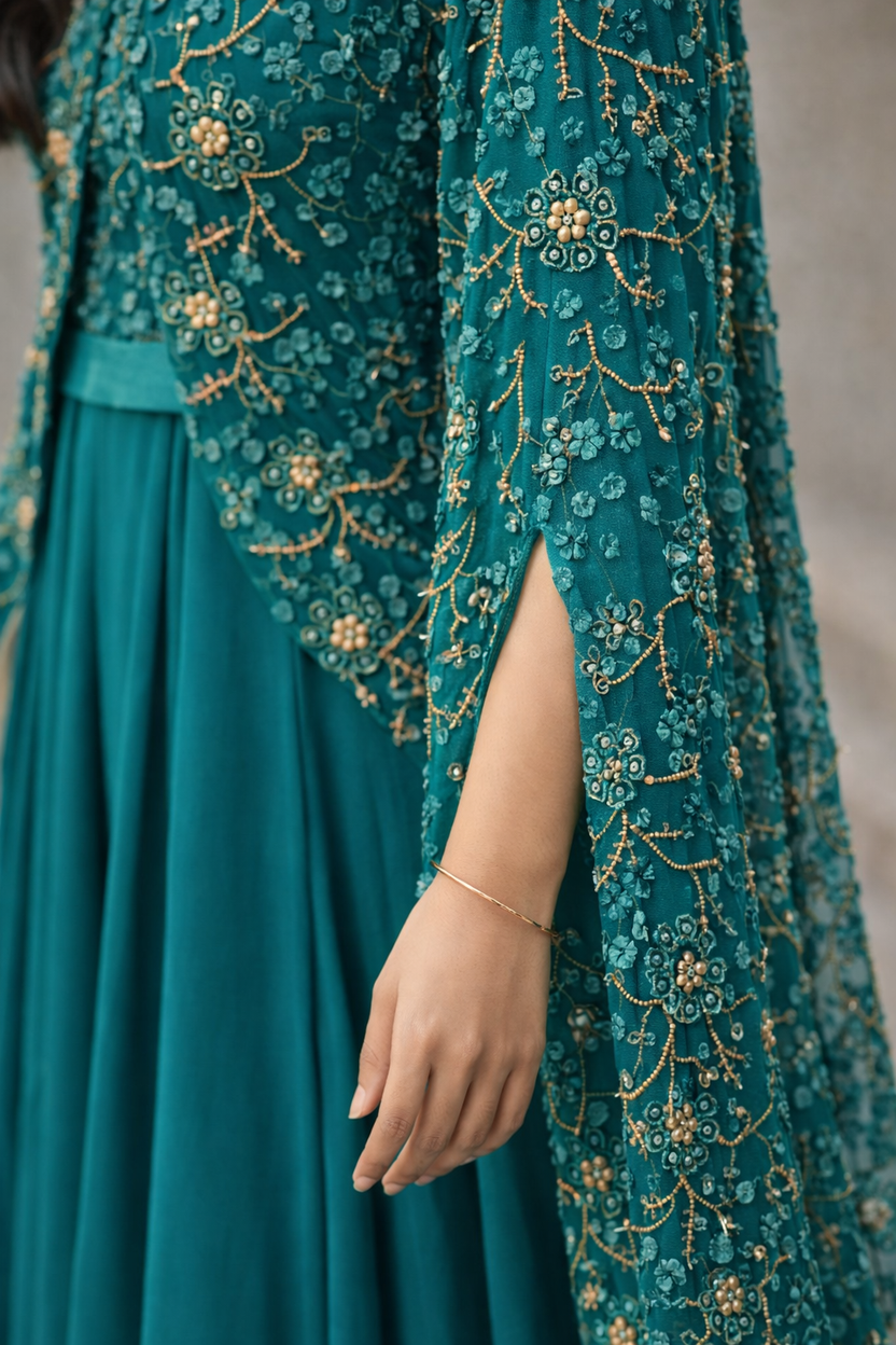 Teal lace jacket with soft dupion silk dress and statement sleeves: Dyable & Customisable | Pre-Order