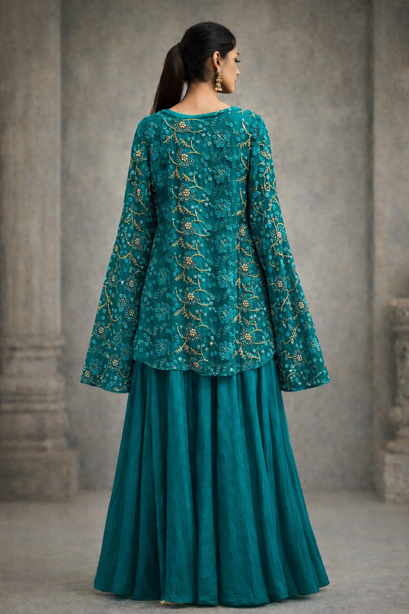 Teal lace jacket with soft dupion silk dress and statement sleeves: Dyable & Customisable | Pre-Order