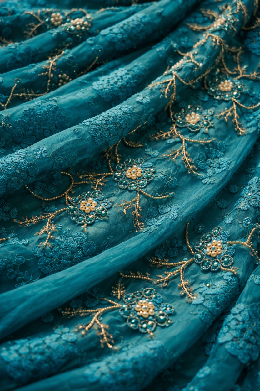 Teal lace jacket with soft dupion silk dress and statement sleeves: Dyable & Customisable | Pre-Order