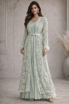Mint green detached lace jacket with saree style gown. Floral embellishment and straight sleeves - Pre Order