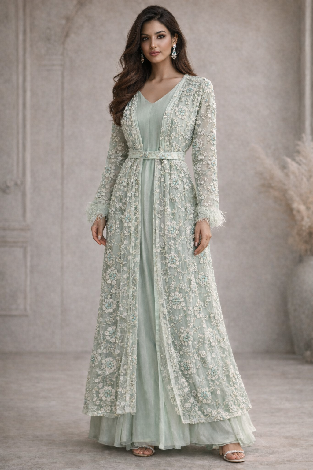 Mint green detached lace jacket with saree style gown. Floral embellishment and straight sleeves - Pre Order