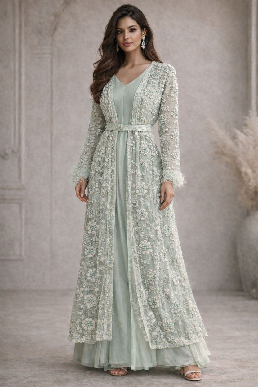 Mint green detached lace jacket with saree style gown. Floral embellishment and straight sleeves - Pre Order
