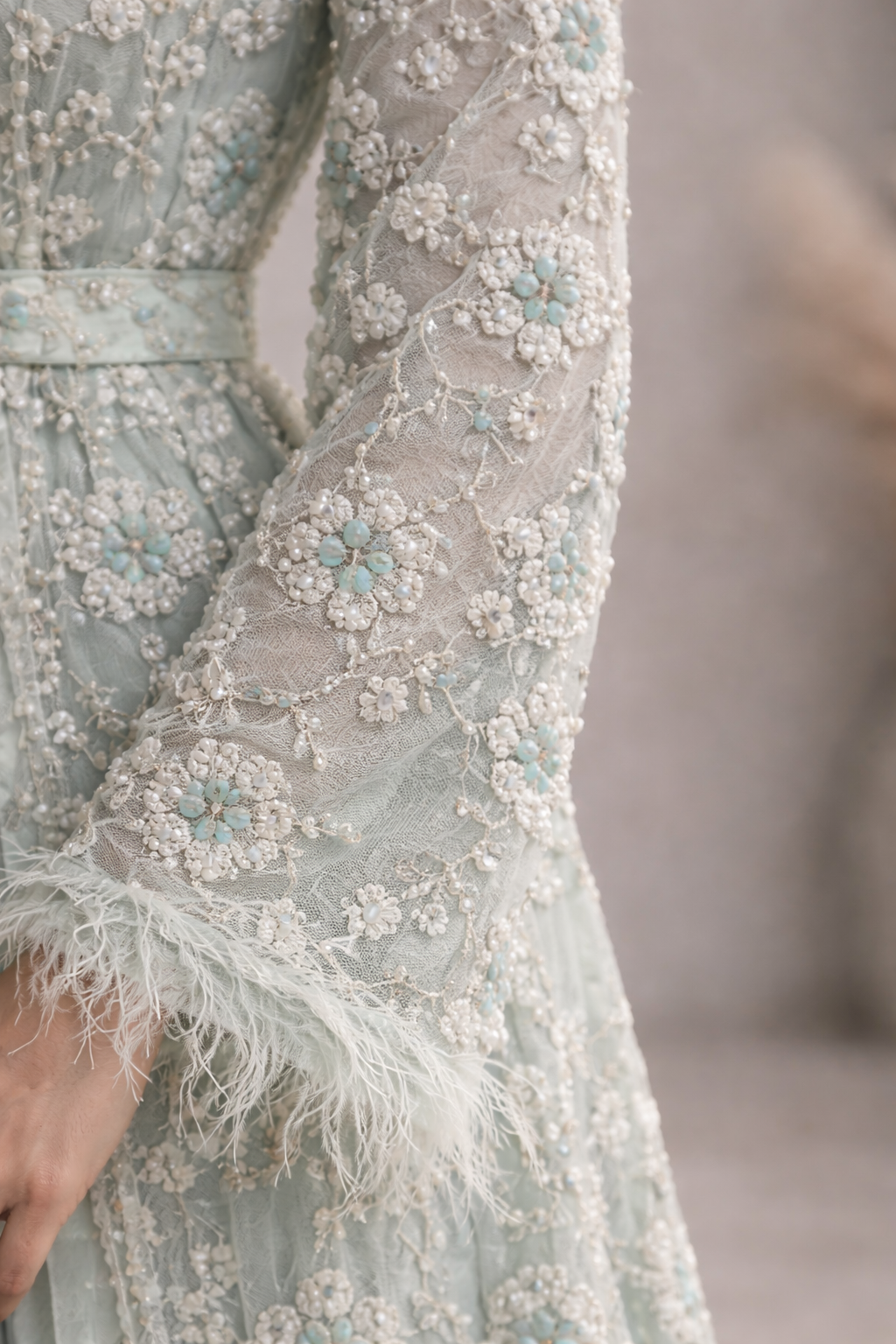 Mint green detached lace jacket with saree style gown. Floral embellishment and straight sleeves - Pre Order