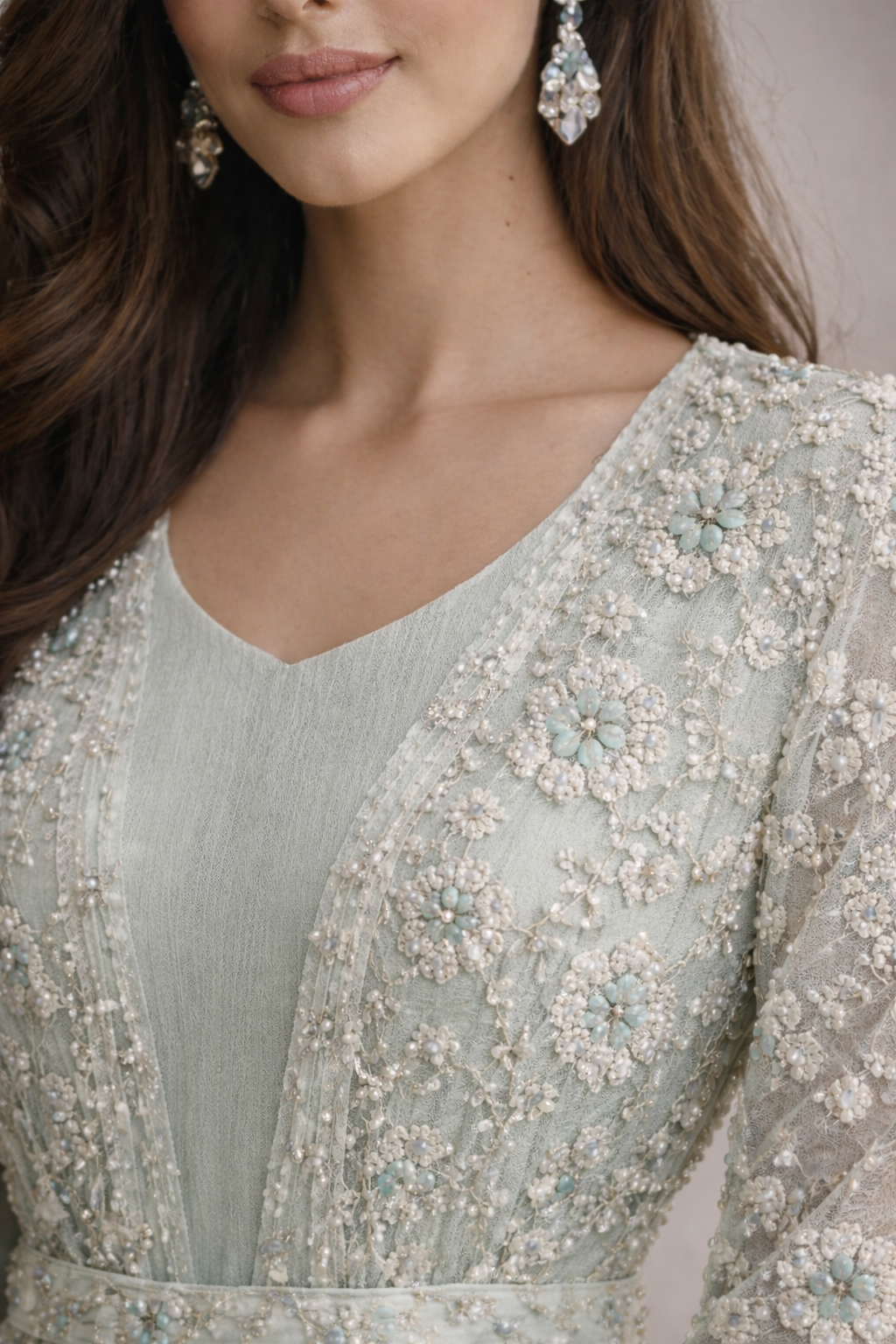 Mint green detached lace jacket with saree style gown. Floral embellishment and straight sleeves - Pre Order
