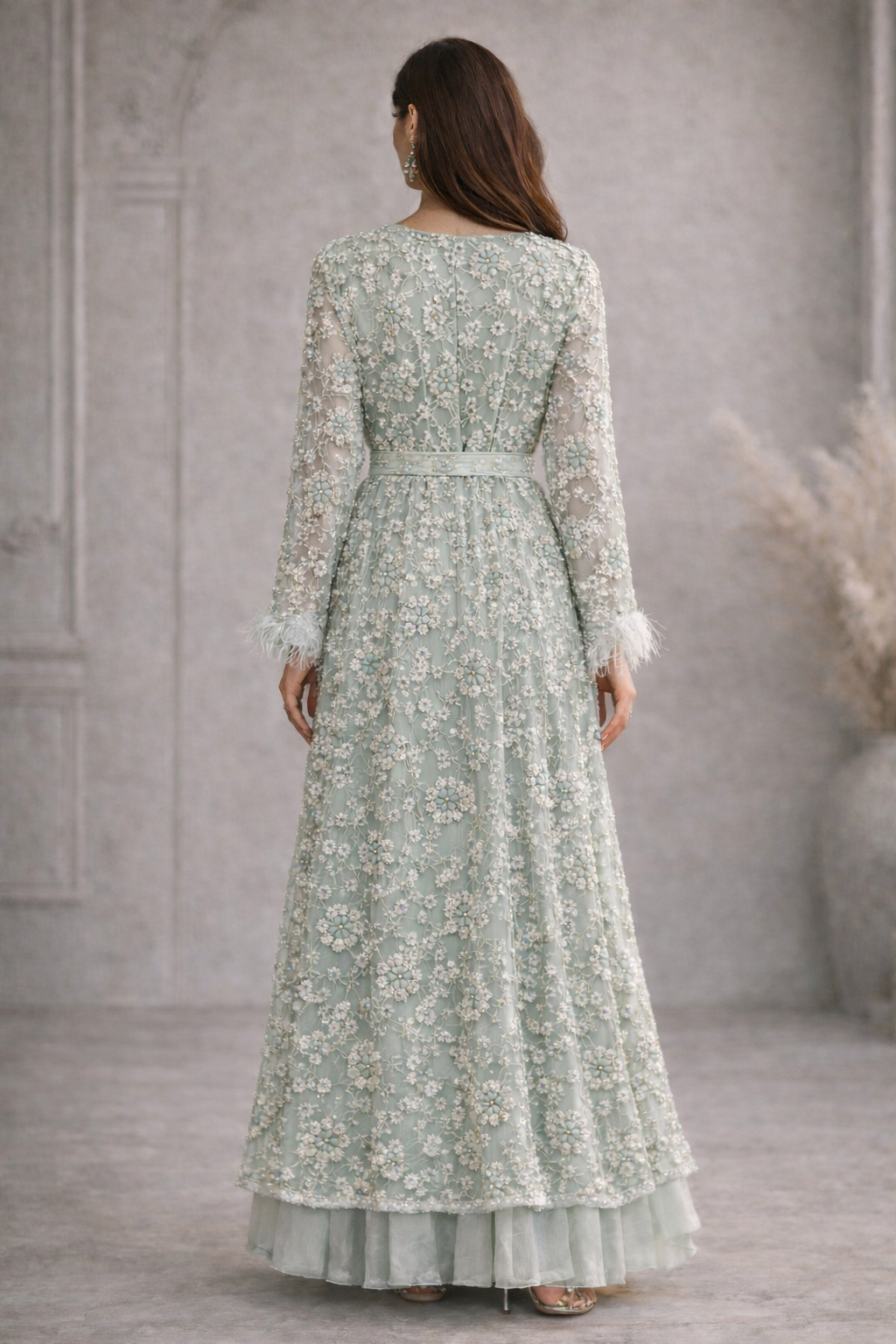 Mint green detached lace jacket with saree style gown. Floral embellishment and straight sleeves - Pre Order