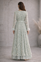 Mint green detached lace jacket with saree style gown. Floral embellishment and straight sleeves - Pre Order