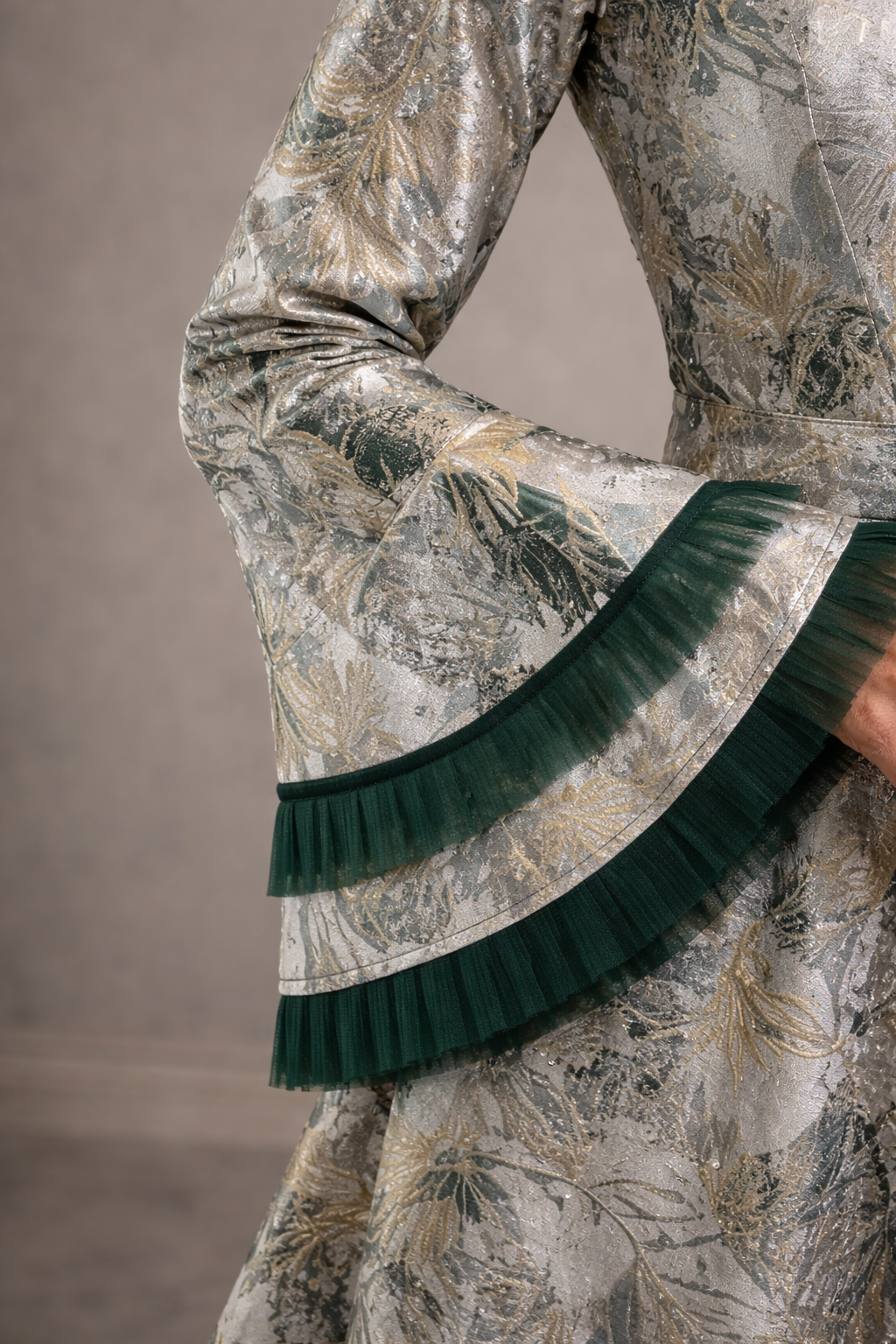 R85 Jacquard Gown with Bell Sleeves and Double Frill