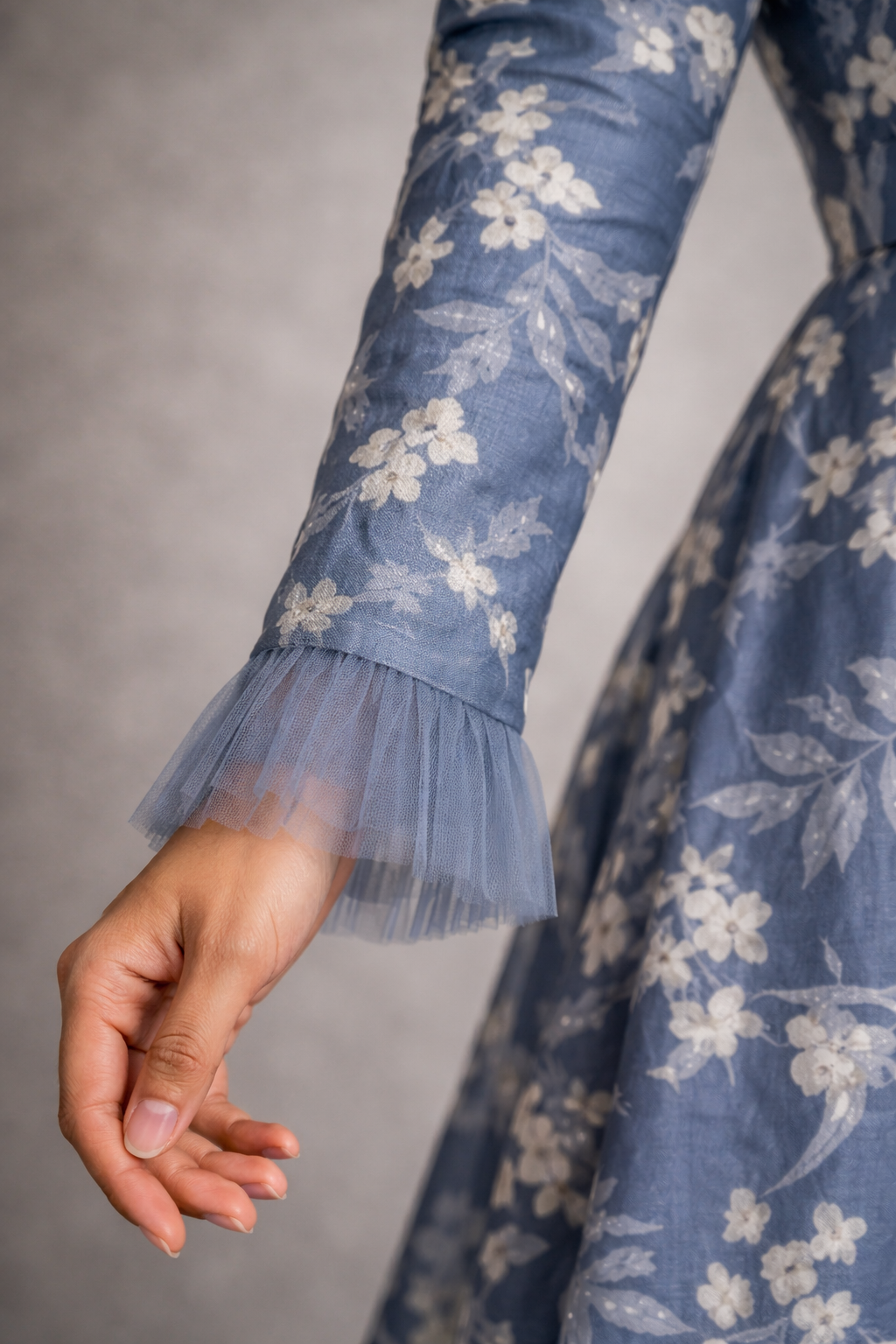 Blue with white flower pattern Jacquard gown with straight sleeves and lace tulle - Pre Order