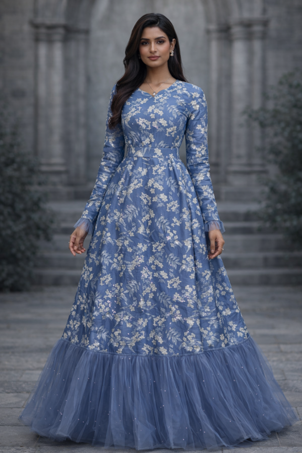 Blue with white flower pattern Jacquard gown with straight sleeves and lace tulle - Pre Order