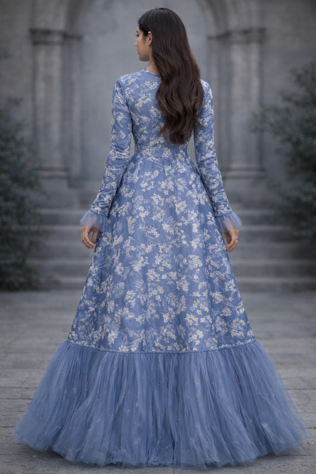 Blue with white flower pattern Jacquard gown with straight sleeves and lace tulle - Pre Order