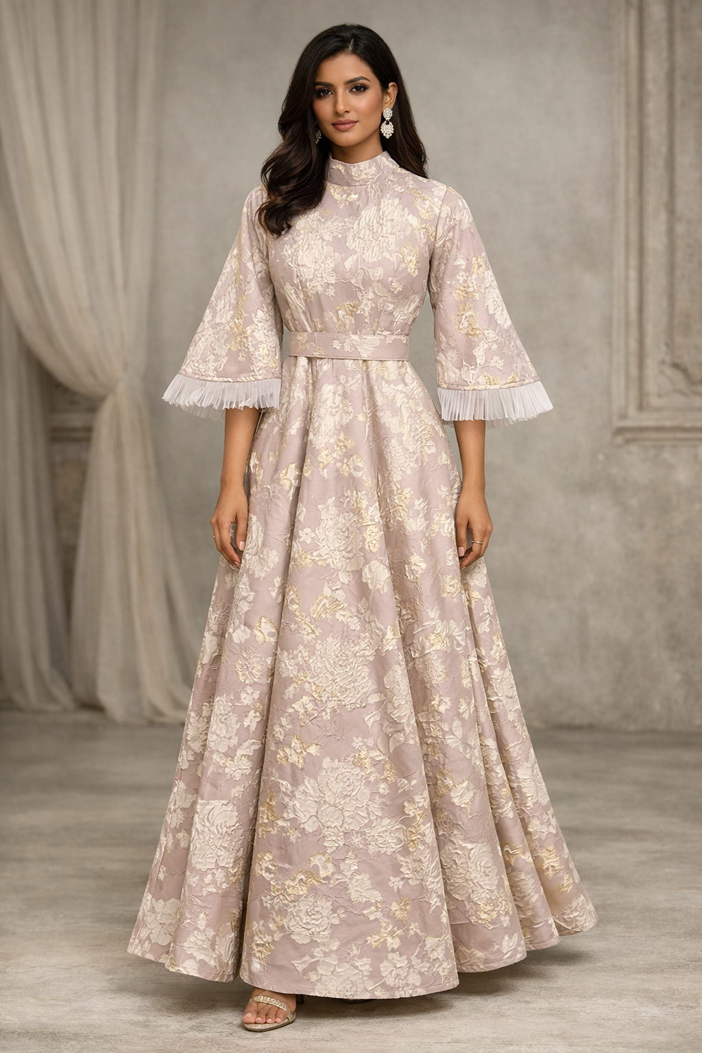 Blush pink with gold floral print and funnel sleeves