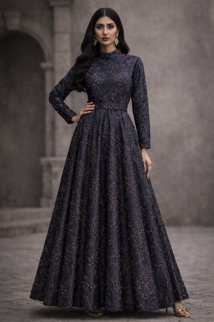 Blue Gracia Straight Sleeves embellished | Pre-order