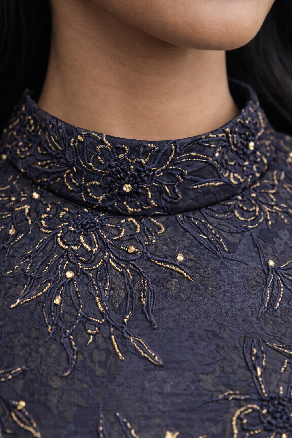 Blue embellished jacquard gown with gold embroidery and straight sleeves