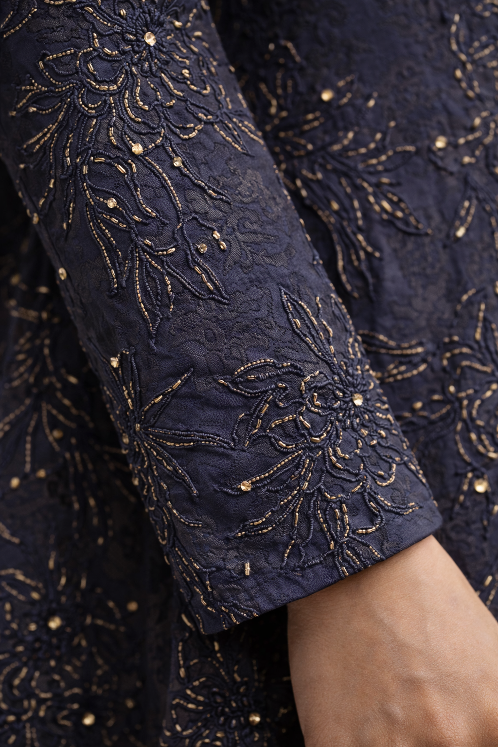 Blue embellished jacquard gown with gold embroidery and straight sleeves