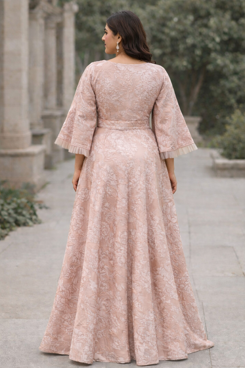 Blush pink Curve with floral design and funnel sleeves jacquard gown - Pre Order