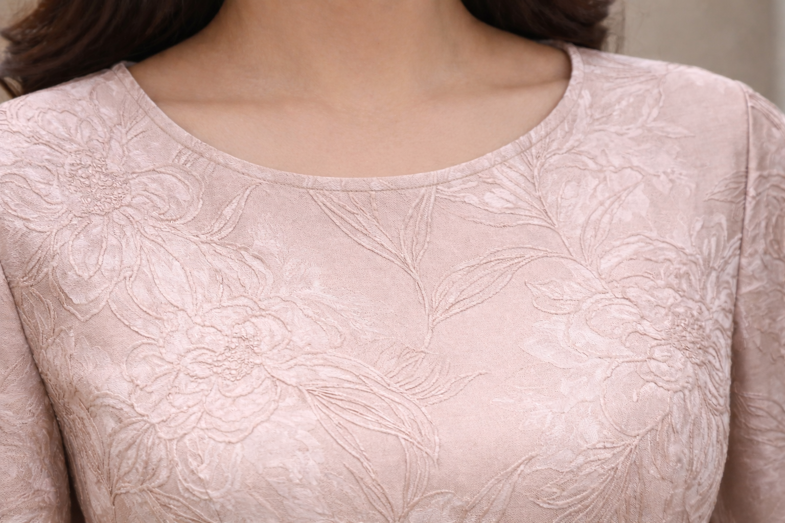 Blush pink Curve with floral design and funnel sleeves jacquard gown