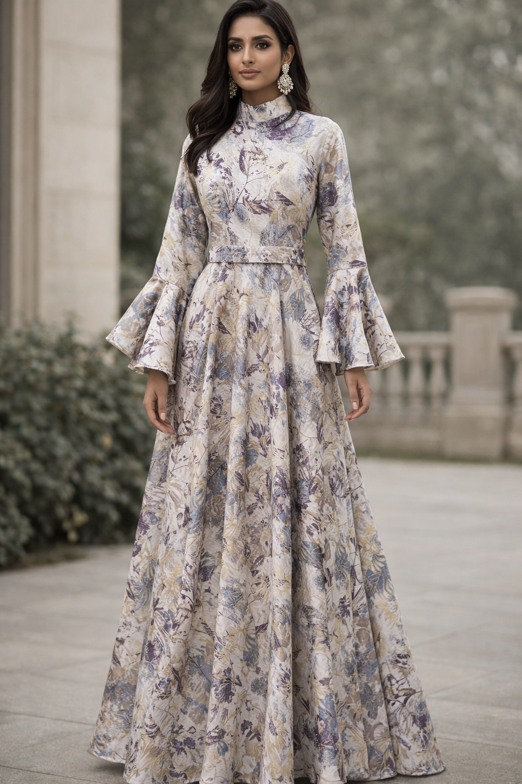 White and violet Embellished Jacquard gown with bell sleeves - Pre-Order