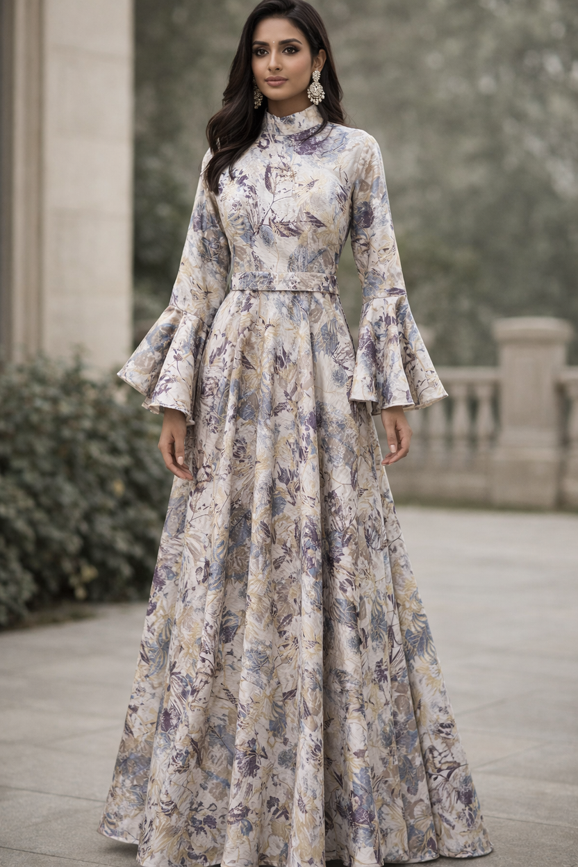 White and violet Embellished Jacquard gown with bell sleeves - Pre-Order