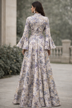 White and violet Embellished Jacquard gown with bell sleeves - Pre-Order
