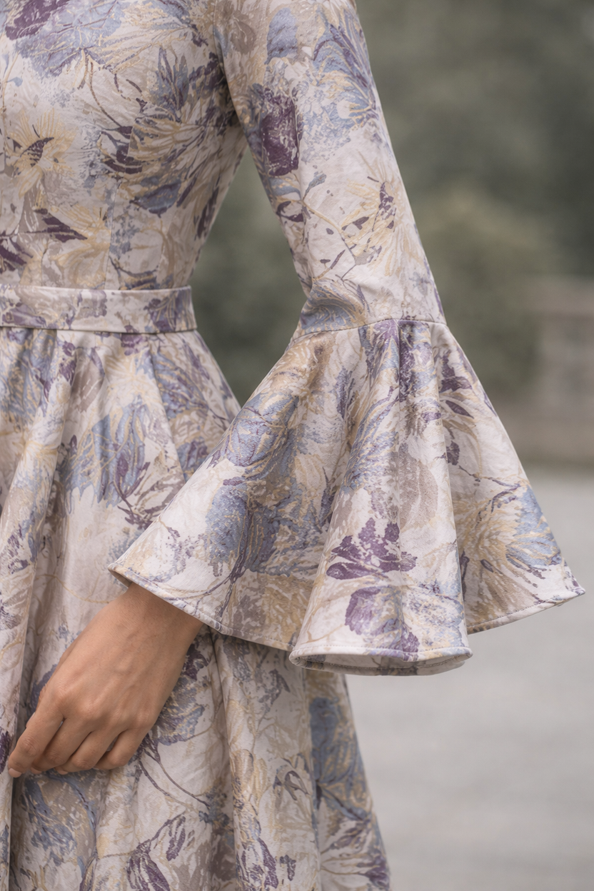 White and violet Embellished Jacquard gown with bell sleeves - Pre-Order