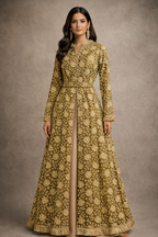 Heritage Gold Olive Embellished Detached Lace Jacket with Satin Gown: Dyable & Customisable