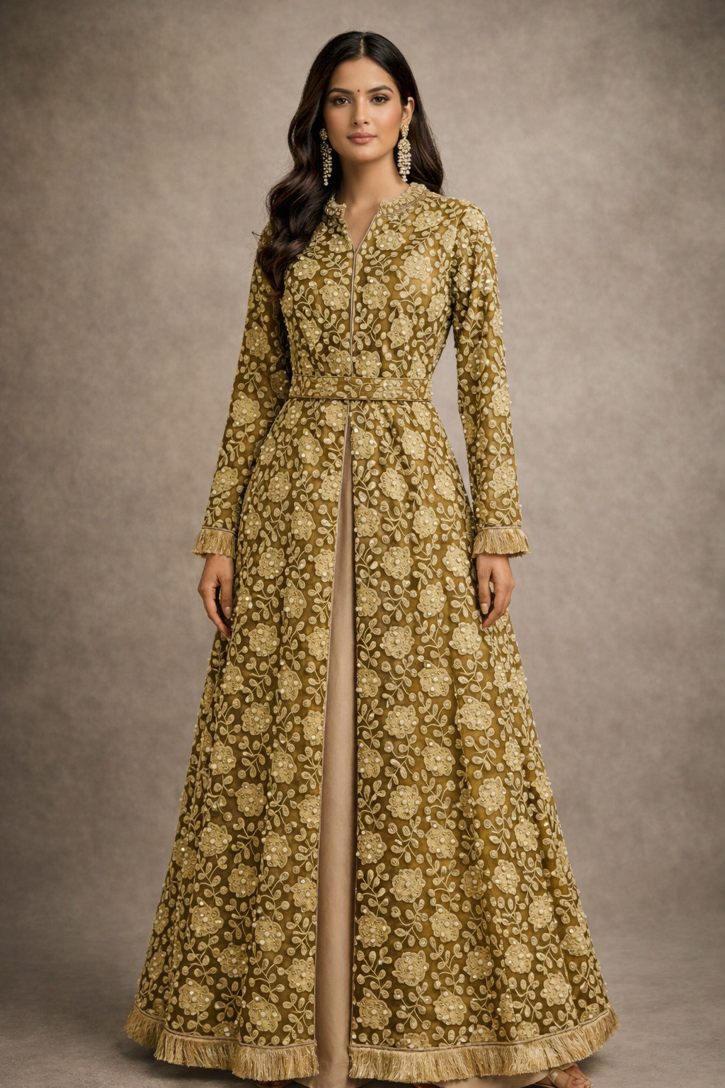 Heritage Gold Olive Embellished Detached Lace Jacket with Satin Gown: Dyable & Customisable