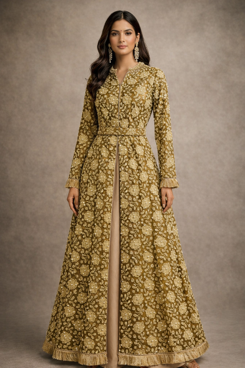 Heritage Gold Olive Embellished Detached Lace Jacket with Satin Gown: Dyable & Customisable - Pre Order