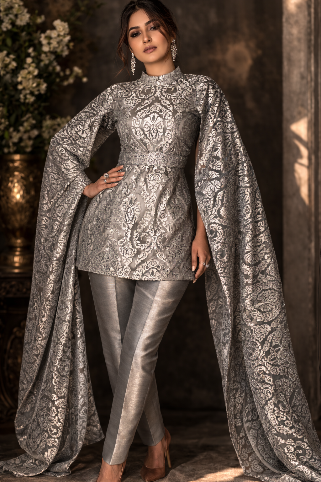 Metallic Silver Pants set with fancy cape sleeves and high neck