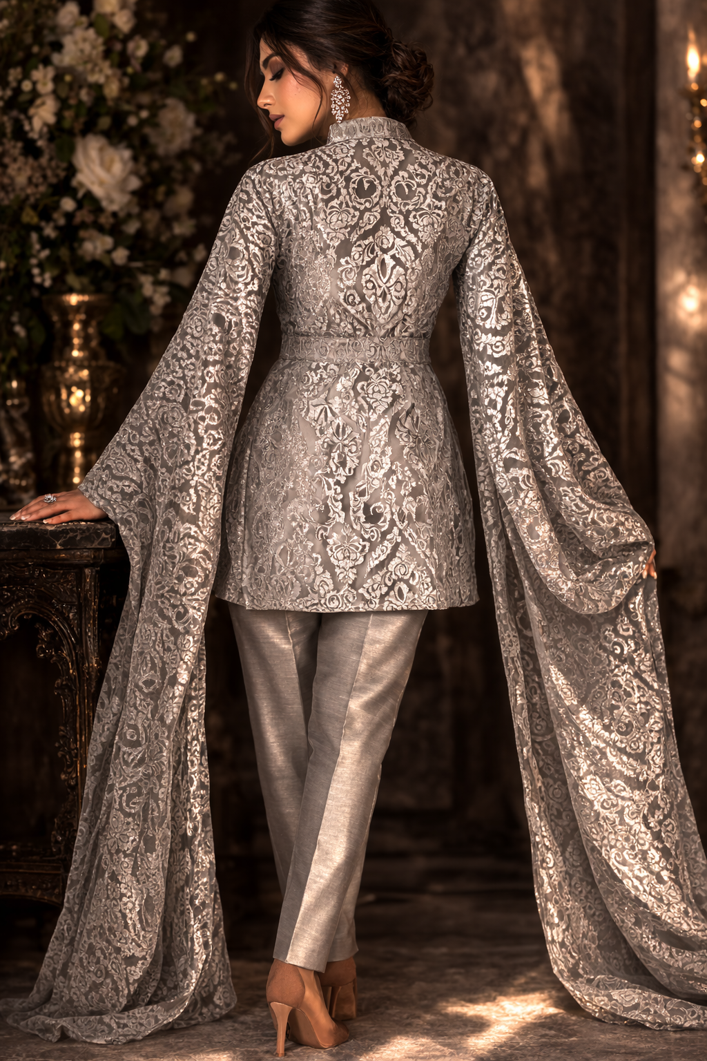 Metallic Silver Pants set with fancy cape sleeves and high neck