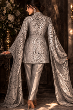 Metallic Silver Pants set with fancy cape sleeves and high neck