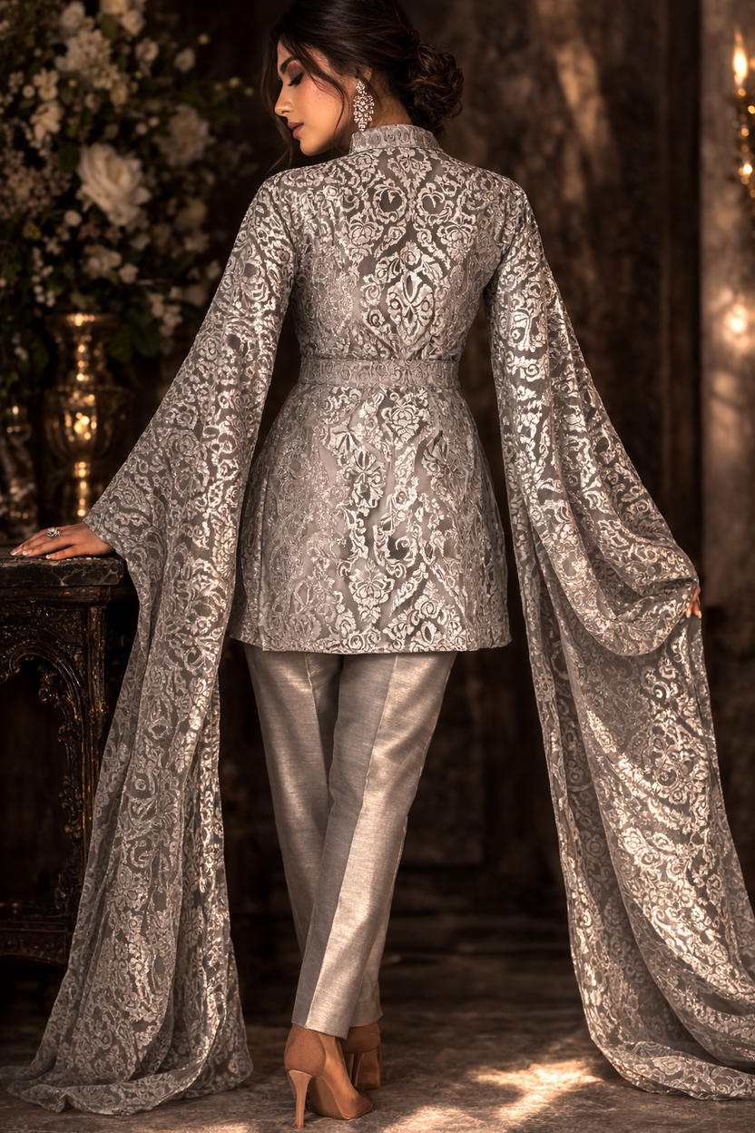 Metallic Silver Pants set with fancy cape sleeves and high neck | Pre-order