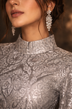 Metallic Silver Pants set with fancy cape sleeves and high neck
