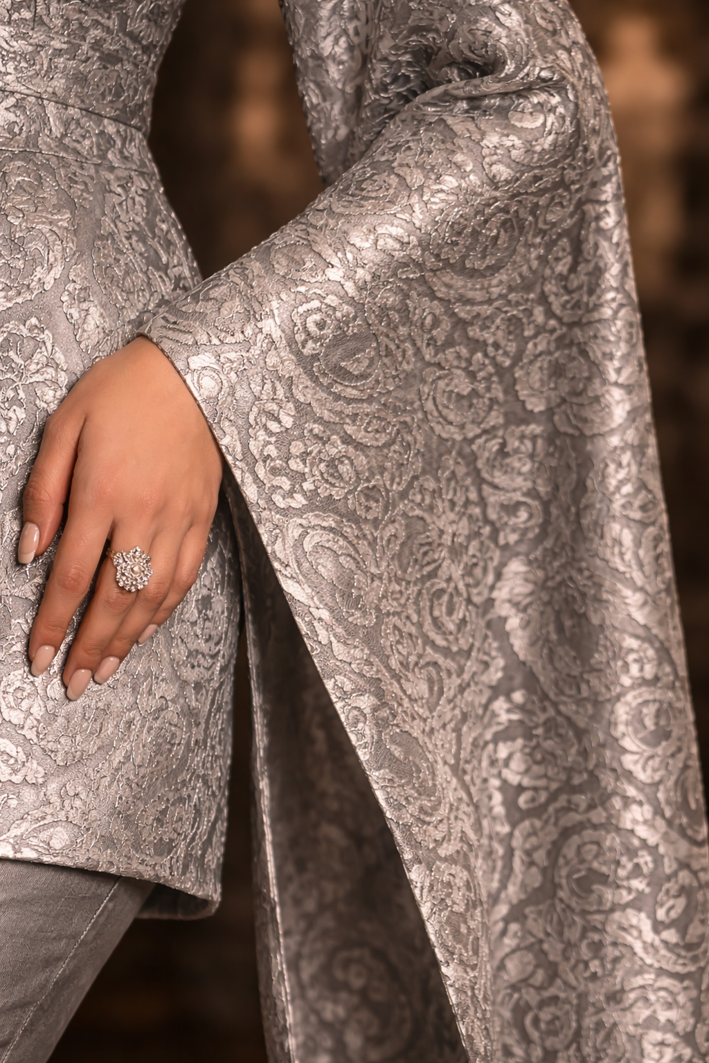 Metallic Silver Pants set with fancy cape sleeves and high neck