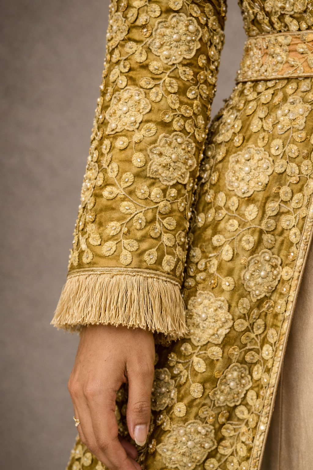 Heritage Gold Olive Embellished Detached Lace Jacket with Satin Gown: Dyable & Customisable