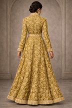 Heritage Gold Olive Embellished Detached Lace Jacket with Satin Gown: Dyable & Customisable