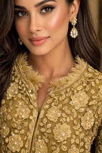 Heritage Gold Olive Embellished Detached Lace Jacket with Satin Gown: Dyable & Customisable